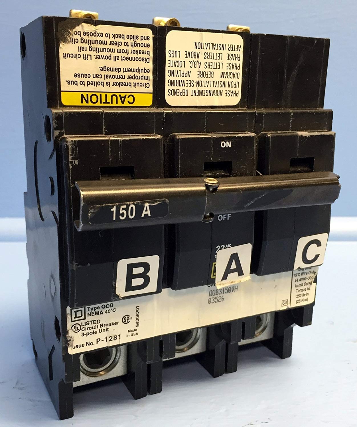 Square D QOB3150VH 150A Circuit Breaker 240V Type QOD Q0B3150VH QOB3150 ...