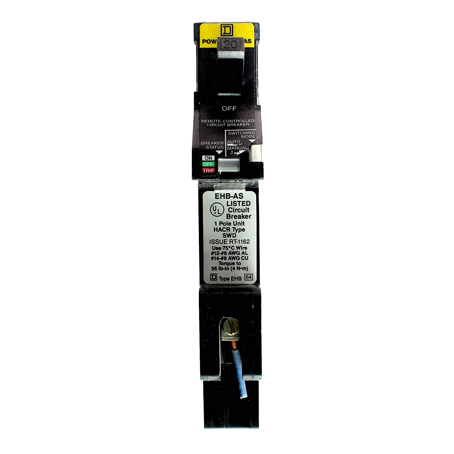 Square D EHB14020AS Remote Control Circuit Breaker, 20A, 1Pole, 277V