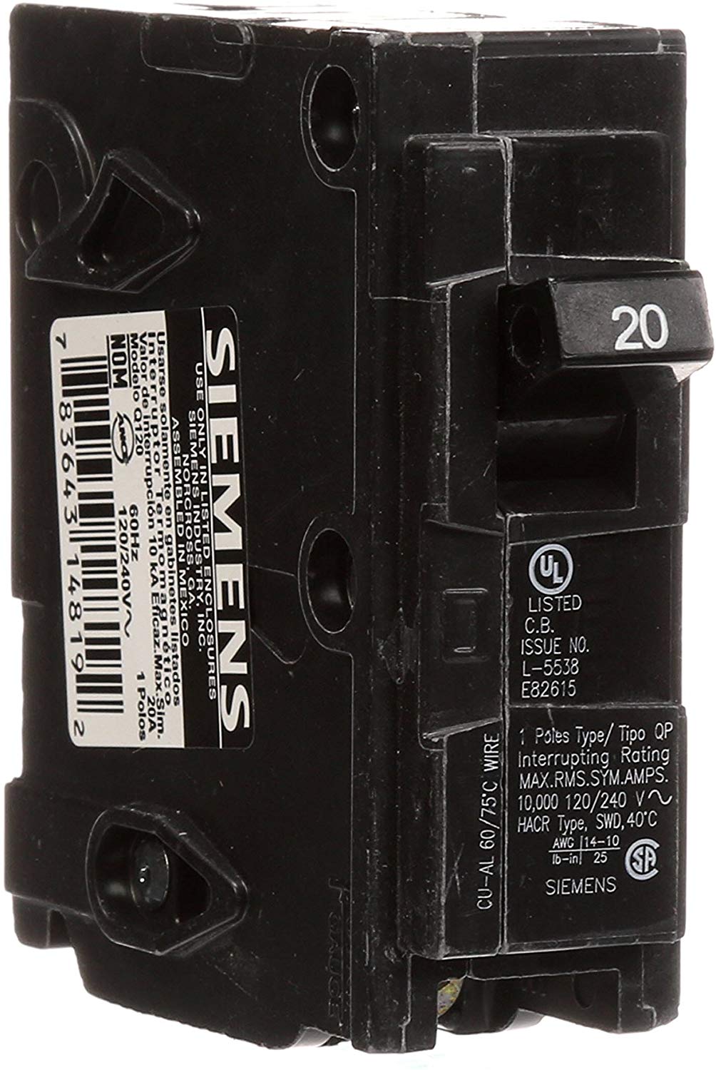 Q120 20Amp Single Pole Type QP Circuit Breaker 783643148192 eBay